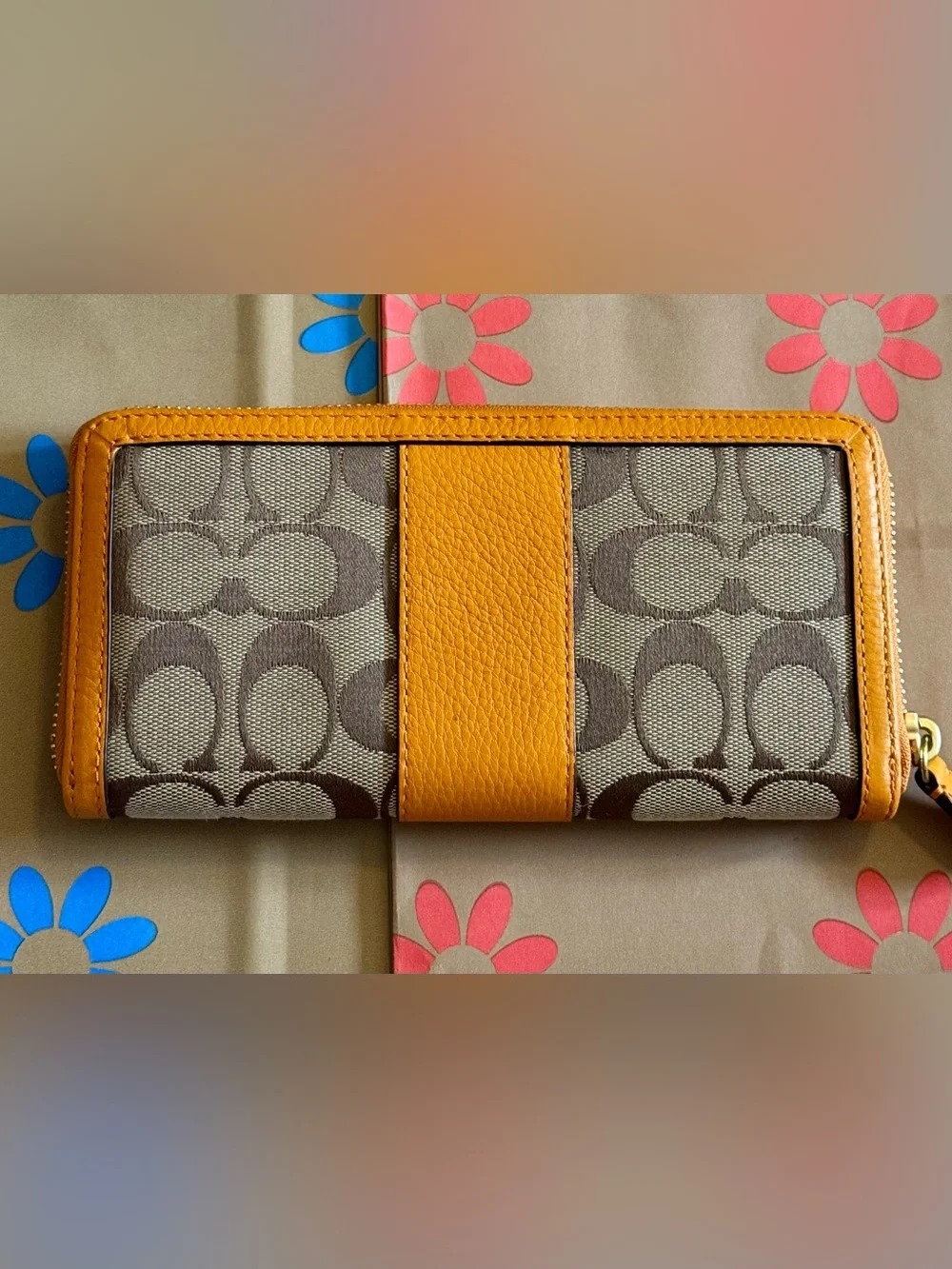 COACH Signature Canvas Wallet with Mustard Leather Trim